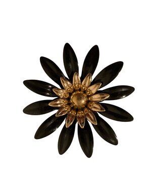 Vintage Sarah Coventry Black & Gold Flower Brooch Pin Large Statement Floral